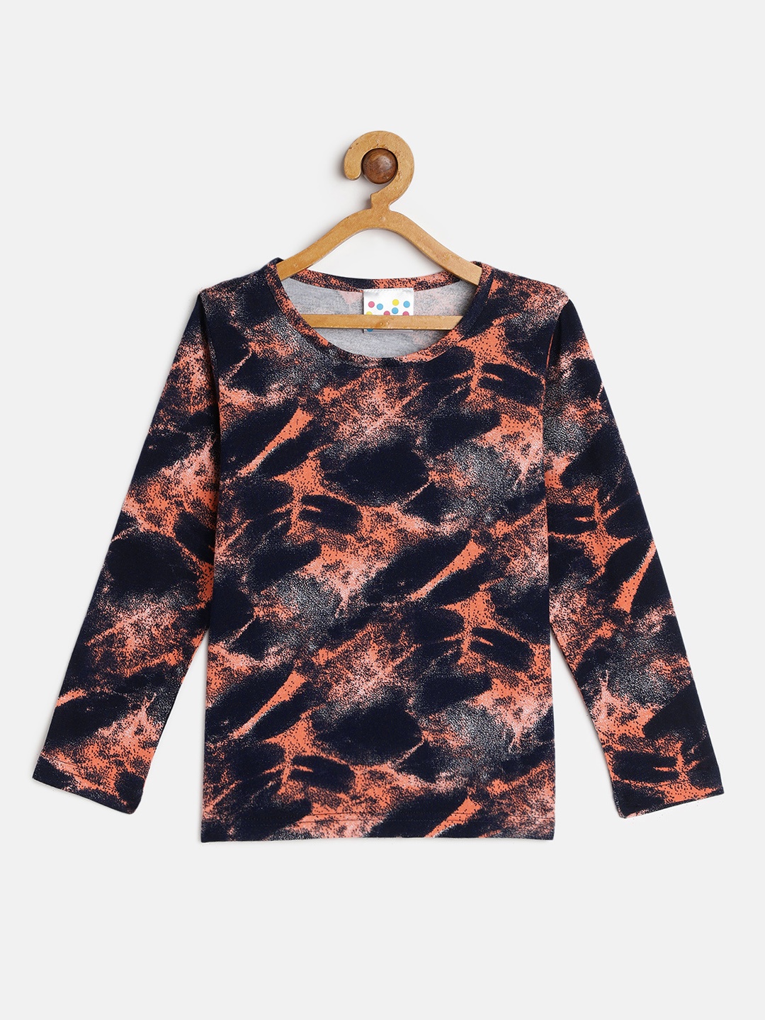 

Eimoie Girls Orange & Navy Blue Printed Cotton T-shirt