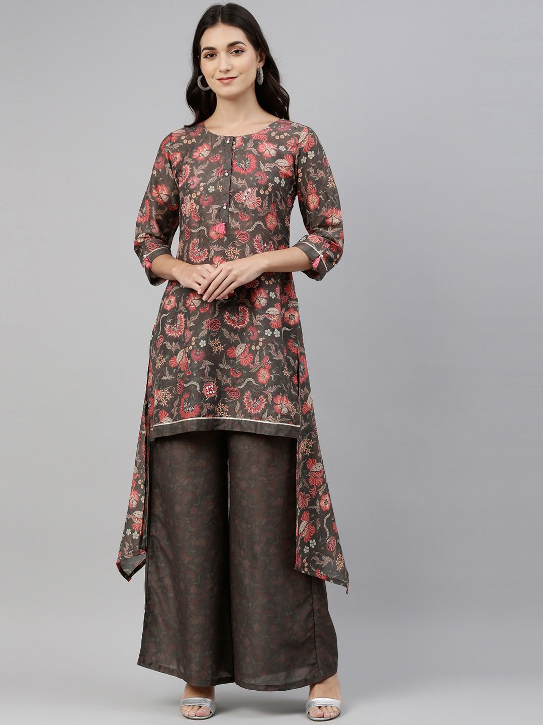 

Neerus Women Olive Green Floral Printed Kurta with Sharara