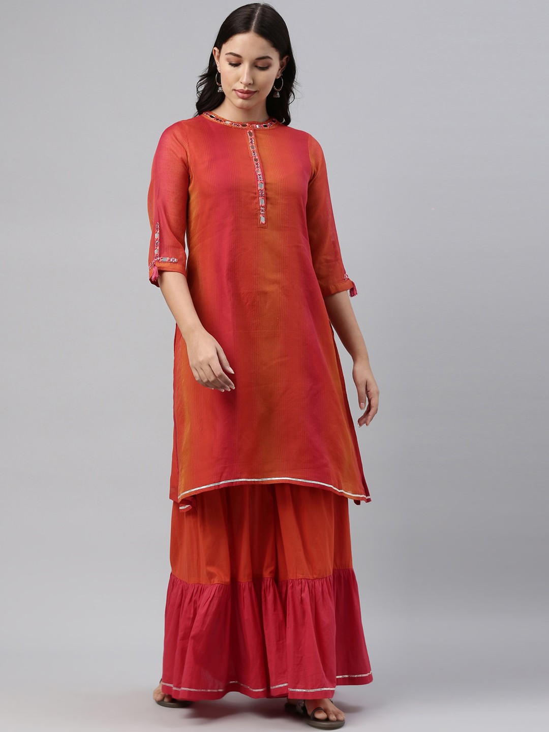 

Neerus Women Pink Pleated Chanderi Silk Kurta with Sharara