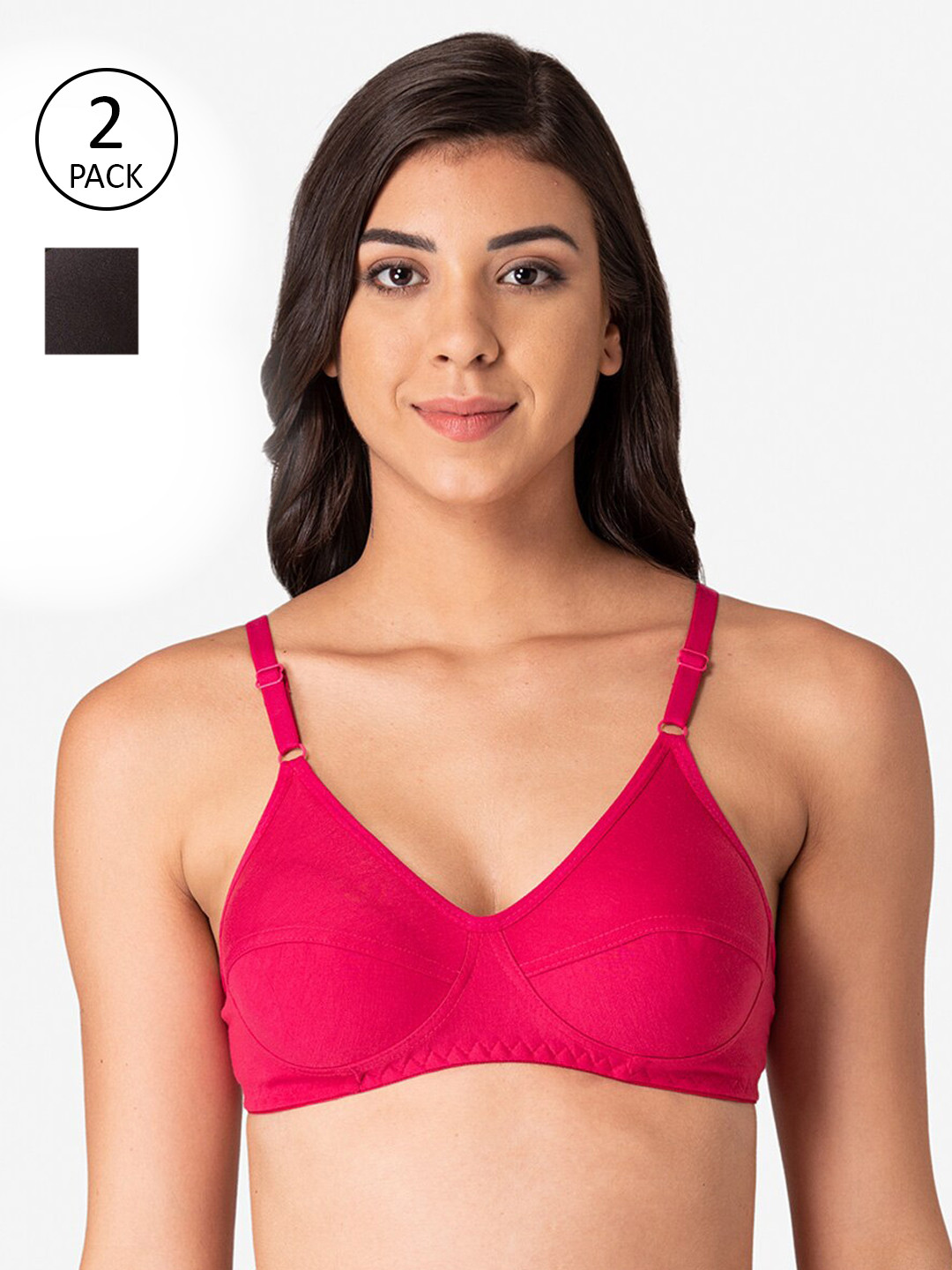 

KOMLI Pack Of 2 Pink & Black Solid T-Shirt Bras - Non-Wired Non-Padded