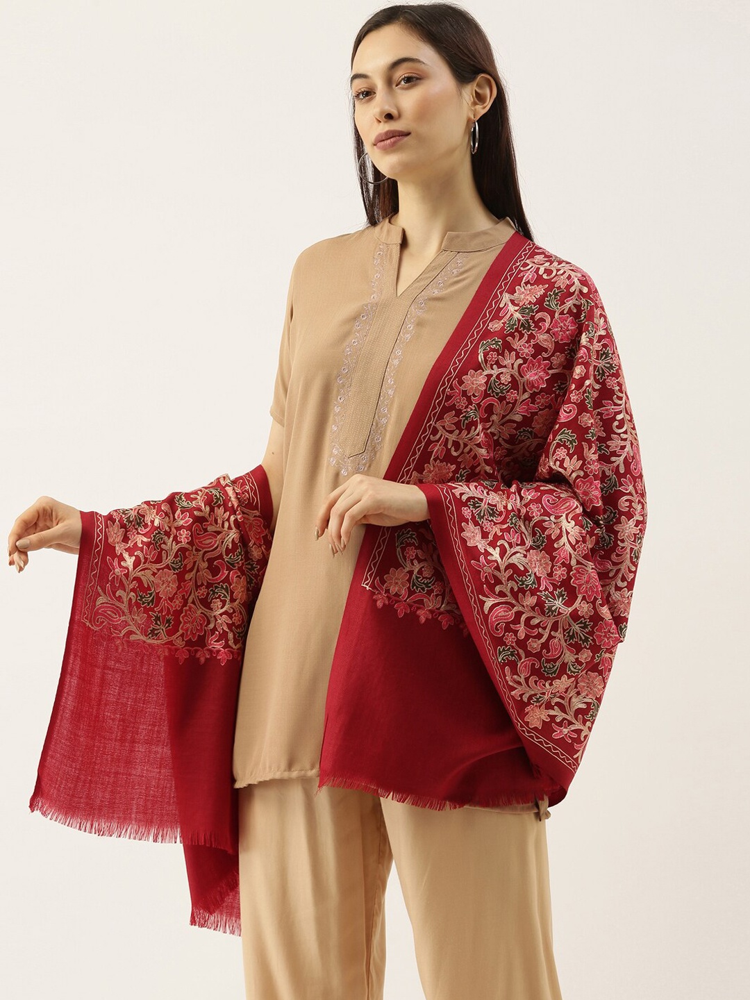 

Pashmoda Women Maroon Nalki Hand Embroidered Woolmark Certified Pure Wool Shawl