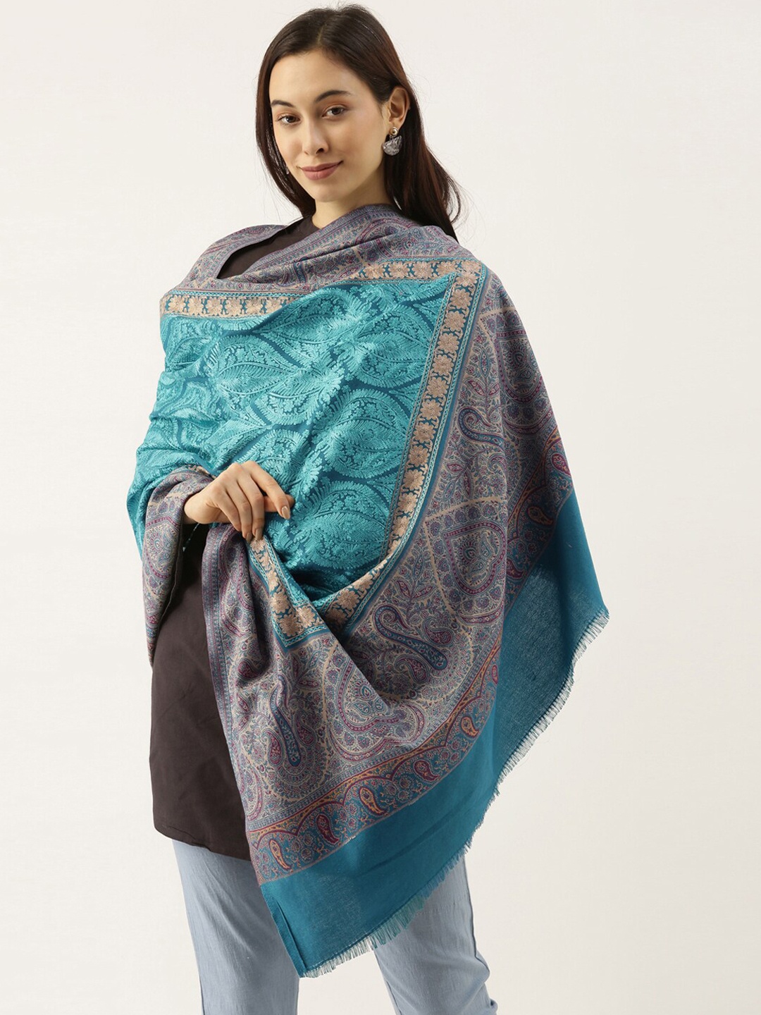 

Pashmoda Women Teal Blue Woven Design Jamawar Shawl