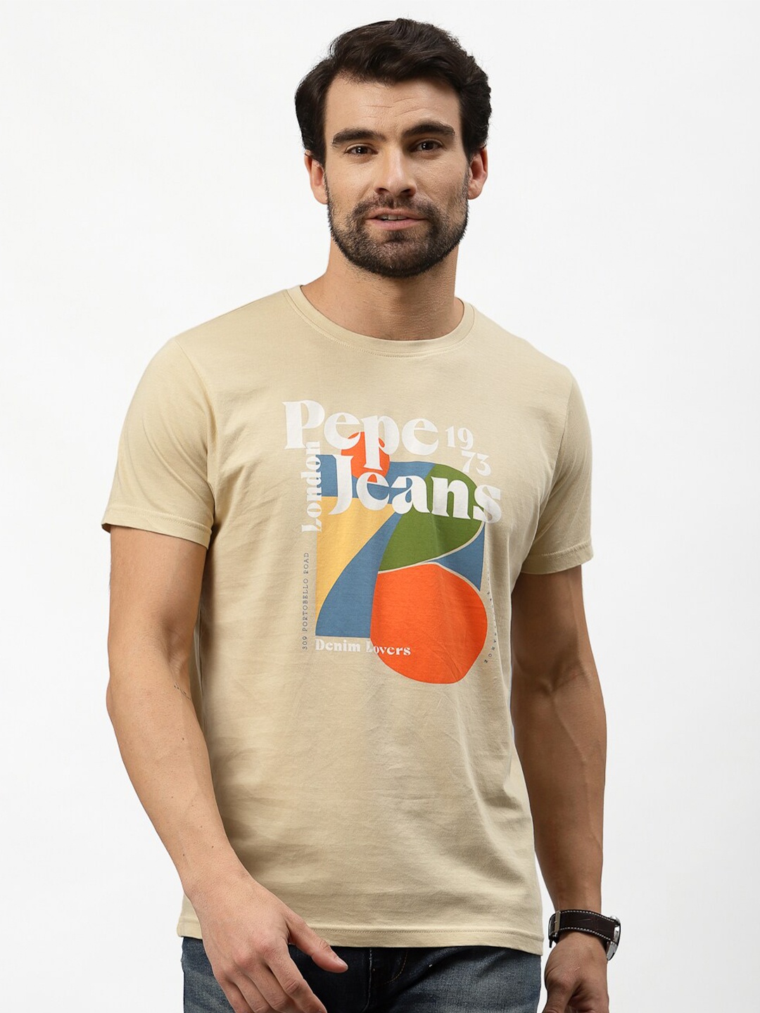 

Pepe Jeans Men Beige Graphic Printed Slim Fit T-shirt