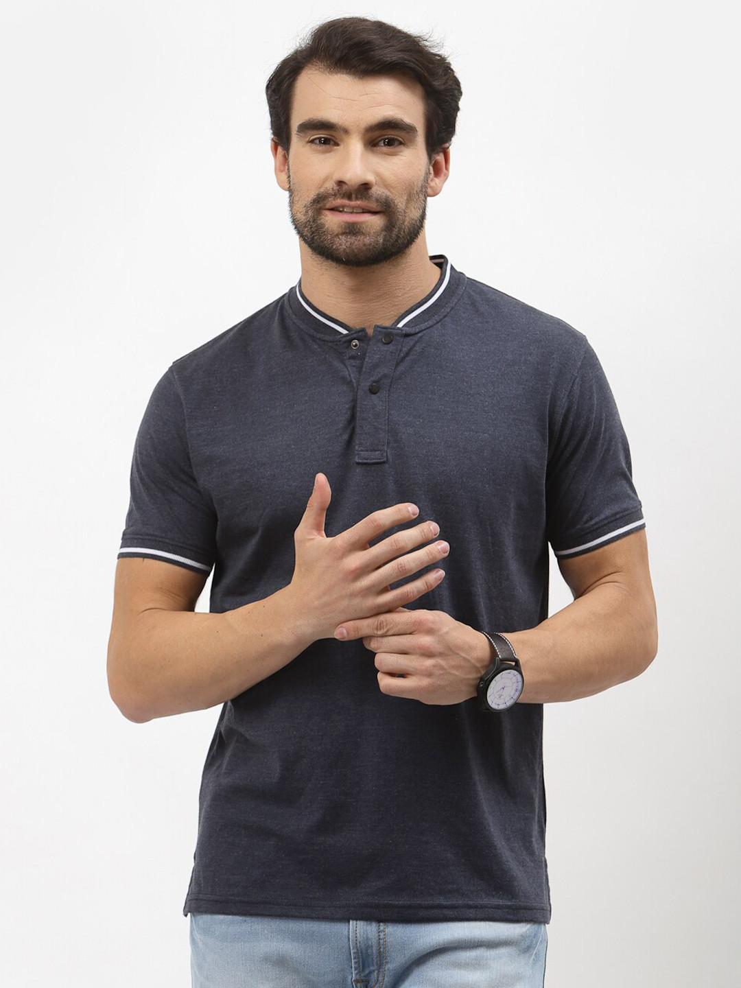 

Pepe Jeans Men Navy Blue Henley Neck T-shirt