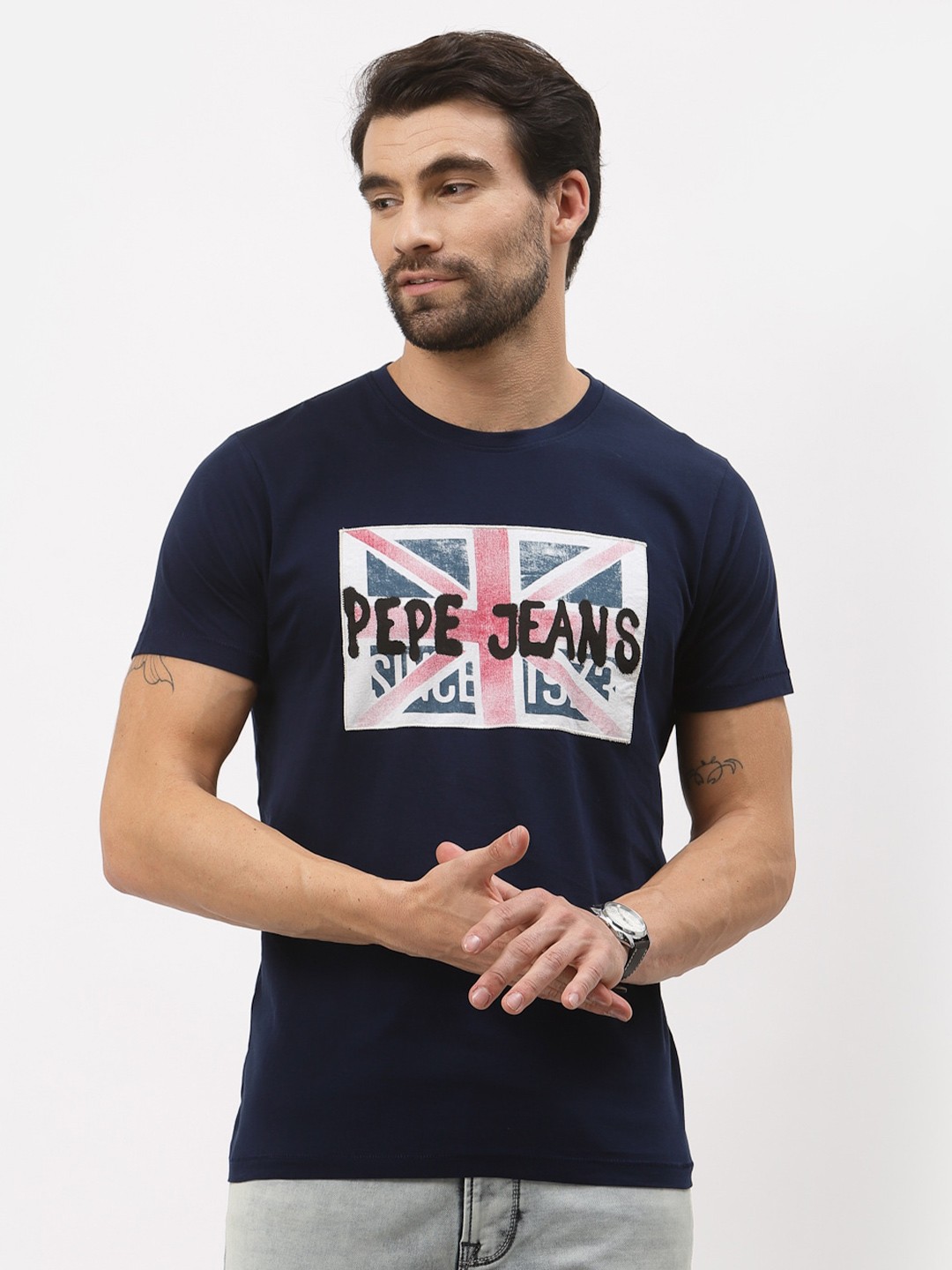 

Pepe Jeans Men Navy Blue White Typography Printed Slim Fit Pure Cotton T-shirt