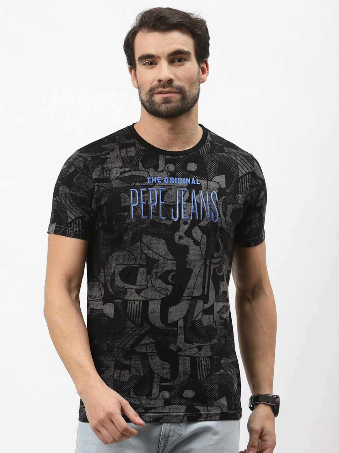 

Pepe Jeans Men Grey Black Typography Printed Slim Fit Pure Cotton T-shirt
