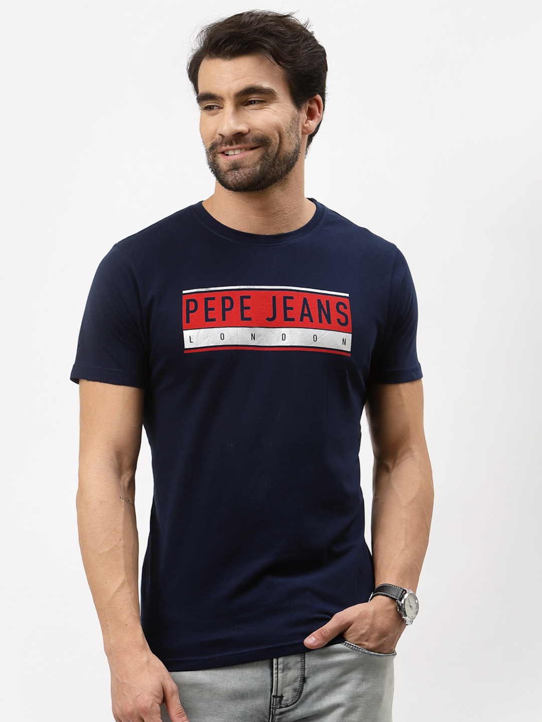 

Pepe Jeans Men Navy Blue Red Typography Printed Slim Fit Pure Cotton T-shirt