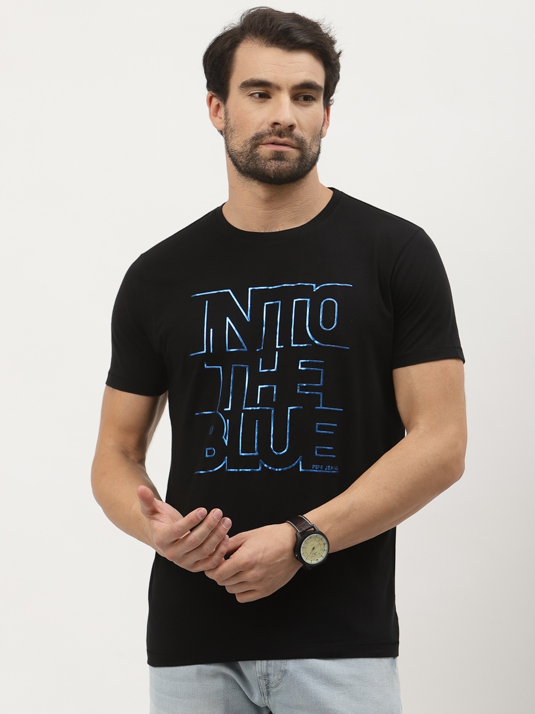 

Pepe Jeans Men Black Blue Typography Printed Slim Fit Pure Cotton T-shirt