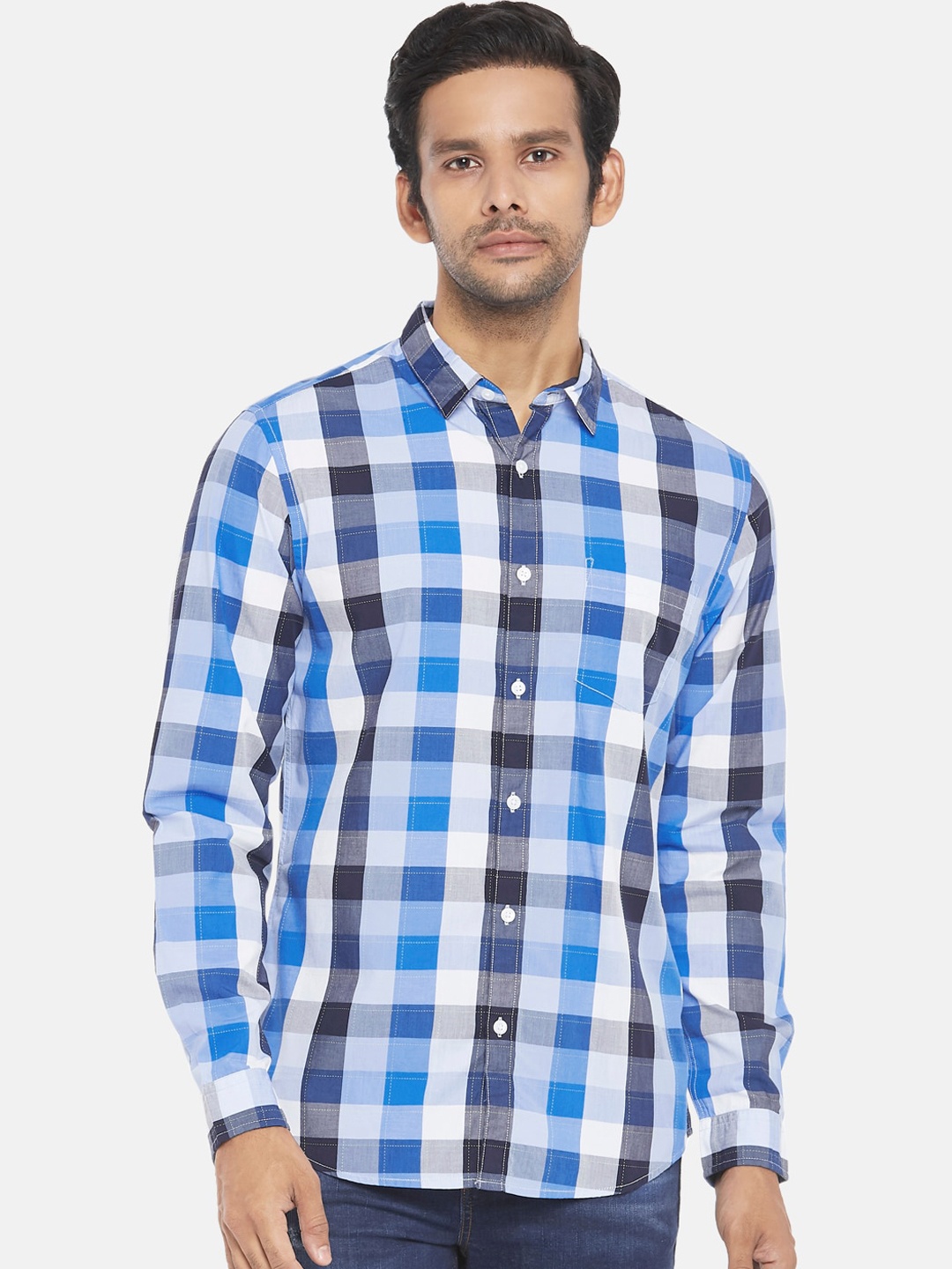 

BYFORD by Pantaloons Men Blue Slim Fit Buffalo Checks Pure Cotton Casual Shirt