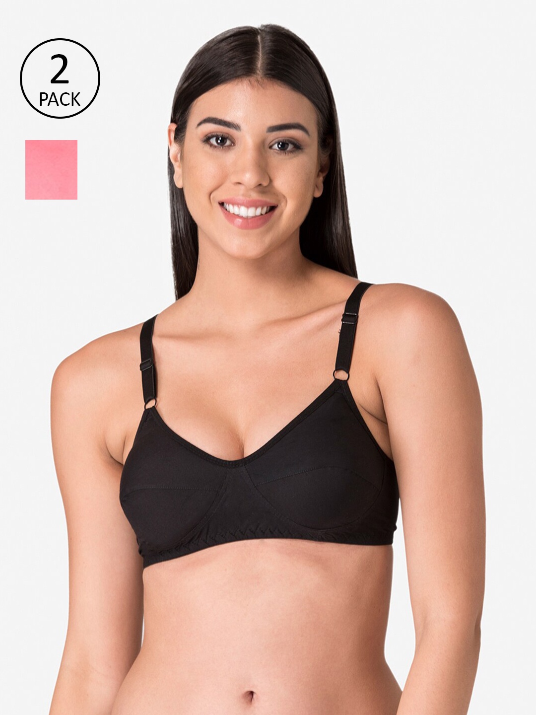 

KOMLI Women Pack of 2 Coral & Black Everyday Bra-K-9315-CRL-2PC-BLK