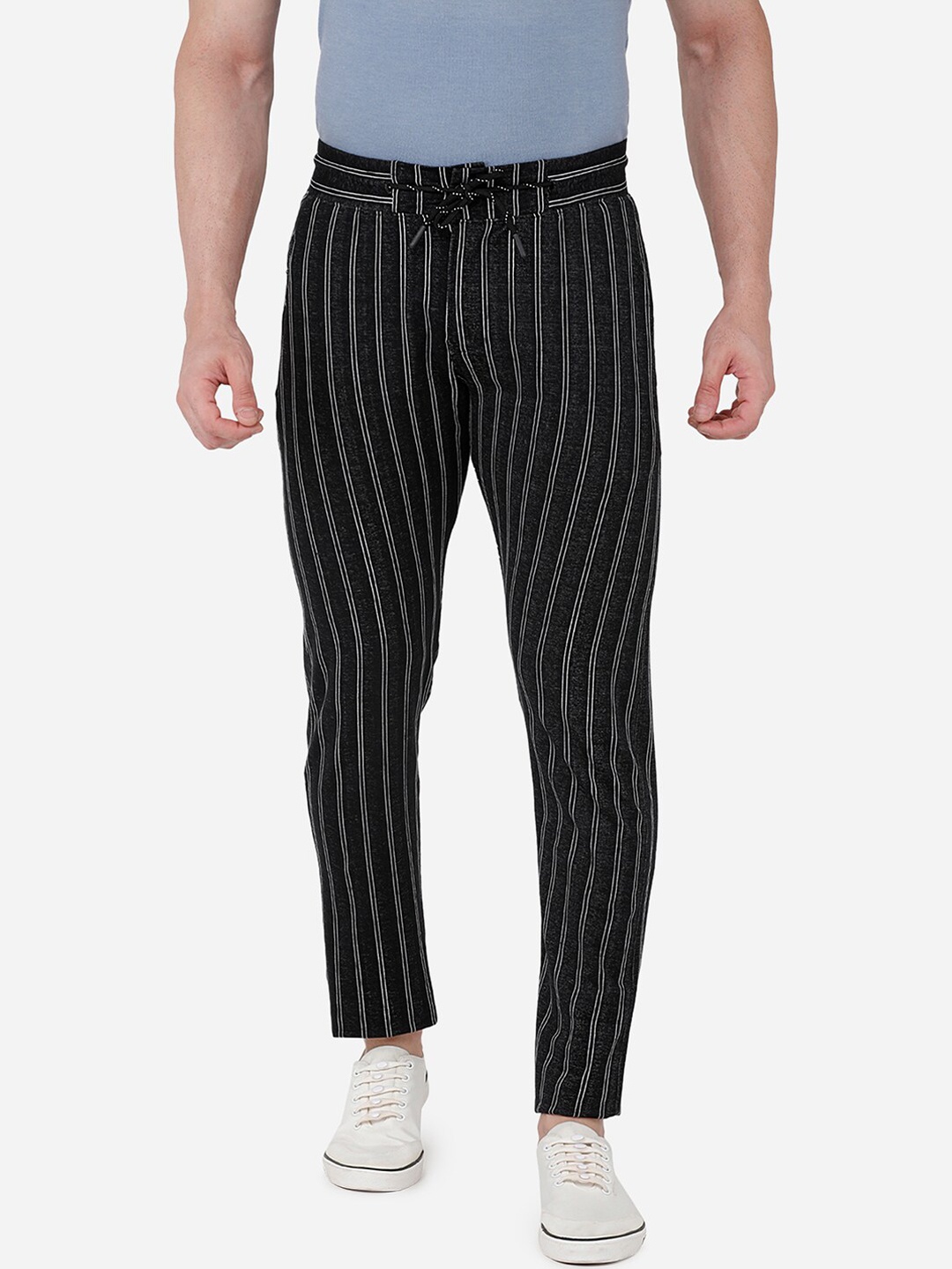 

beevee Men Black & White Striped Jaquard Knits Track Pants