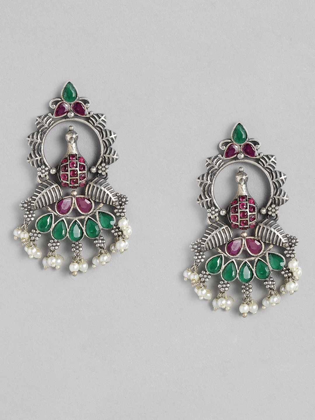 

MIDASKART Silver-Toned & Purple Peacock Shaped Rhodium-Plated Drop Earrings