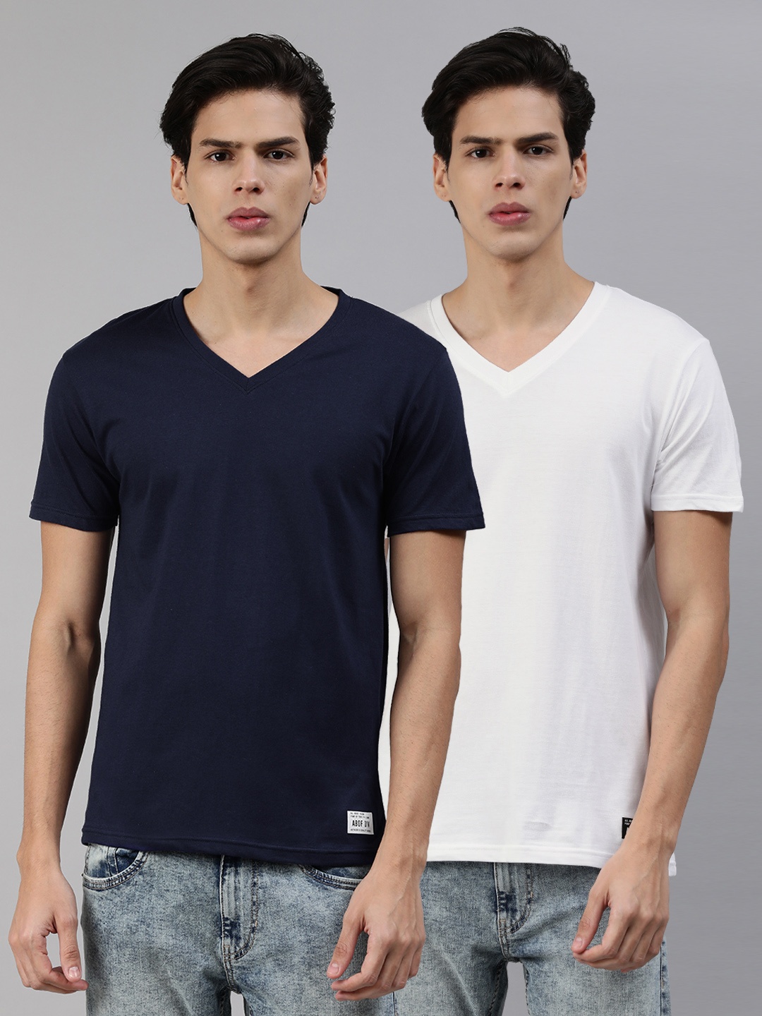 

abof Men Navy Blue White V-Neck Pure Cotton T-shirt