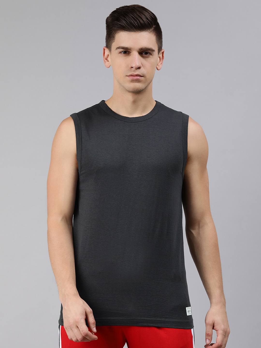 

abof Men Charcoal Pure Cotton Sleeveless Pure Cotton T-shirt