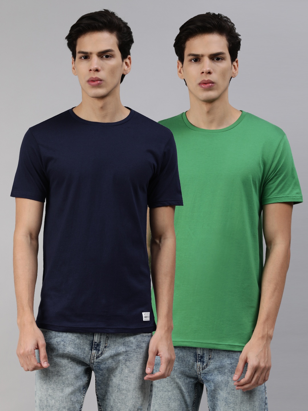 

abof Men Navy Blue Green V-Neck Pure Cotton T-shirt