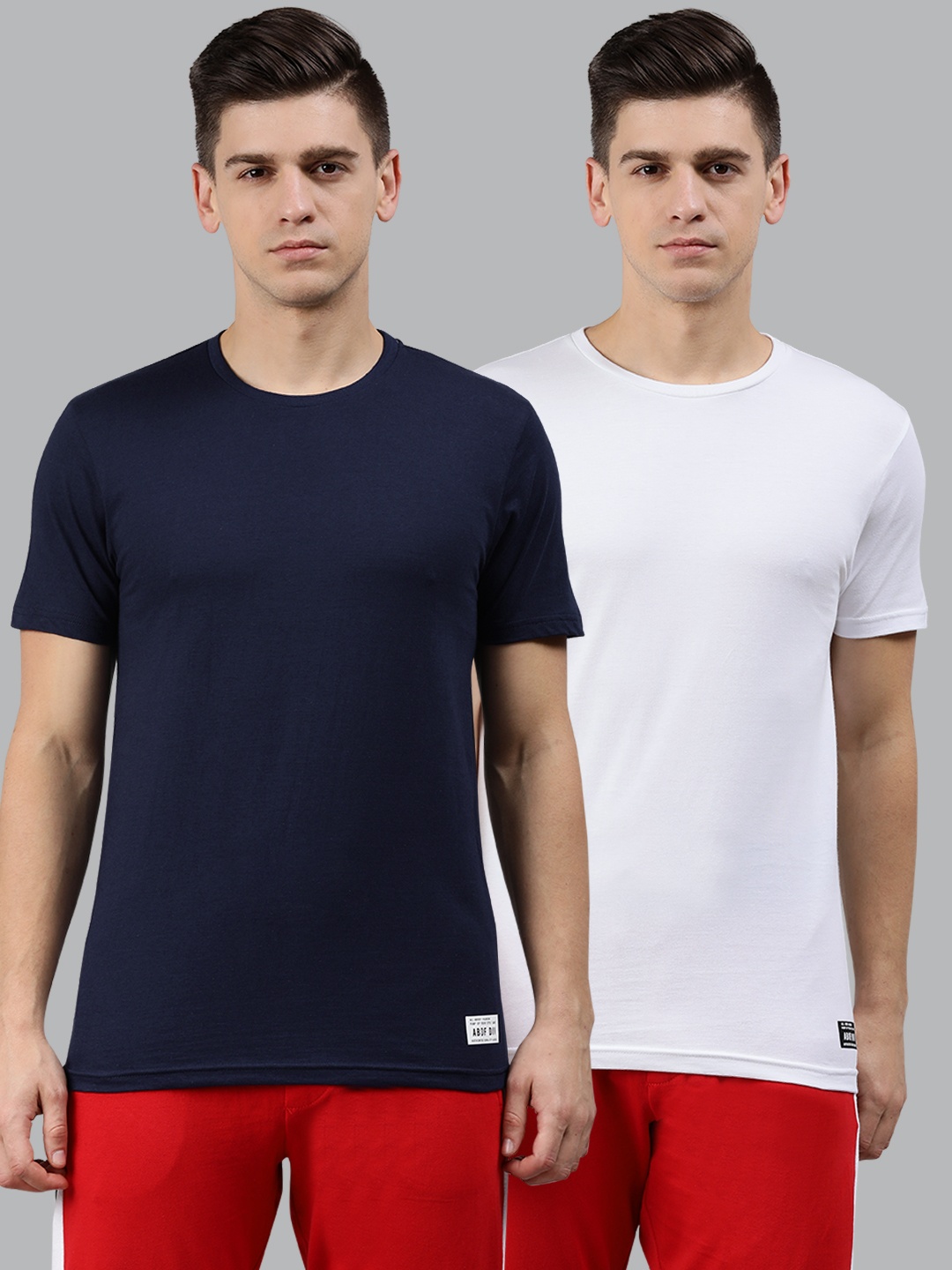 

abof Men Pack Of 2 Round-Neck Solid Pure Cotton T-shirt, Navy blue