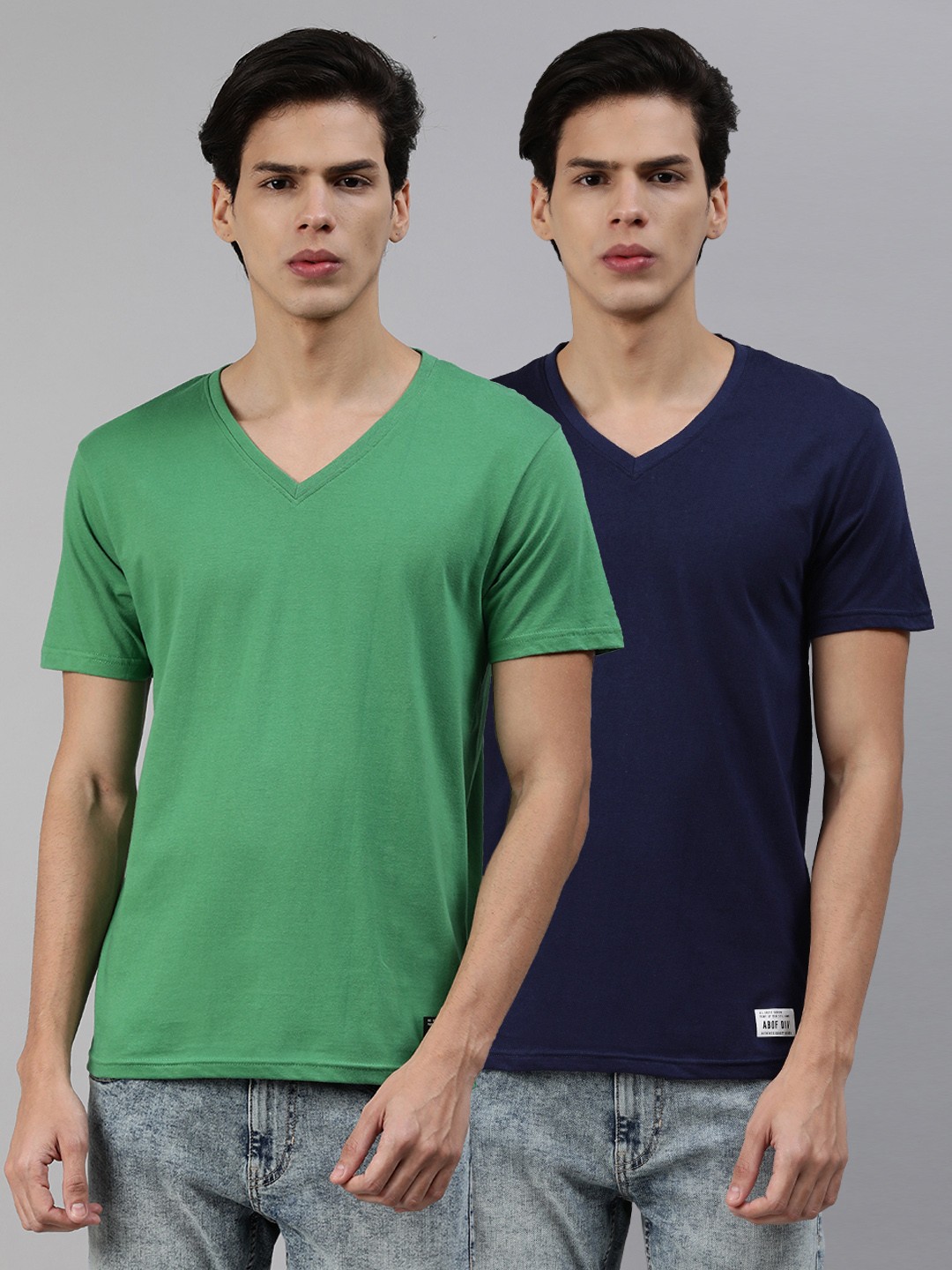 

abof Men Navy Blue Green 2 V-Neck Pure Cotton T-shirt
