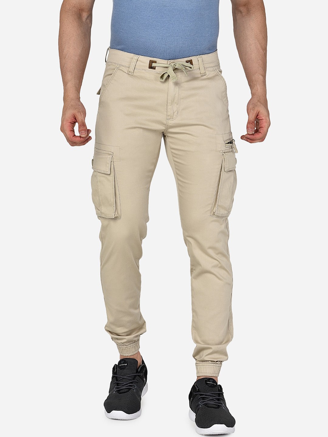 

beevee Men Beige Cotton Cargos Trousers With Drawstring