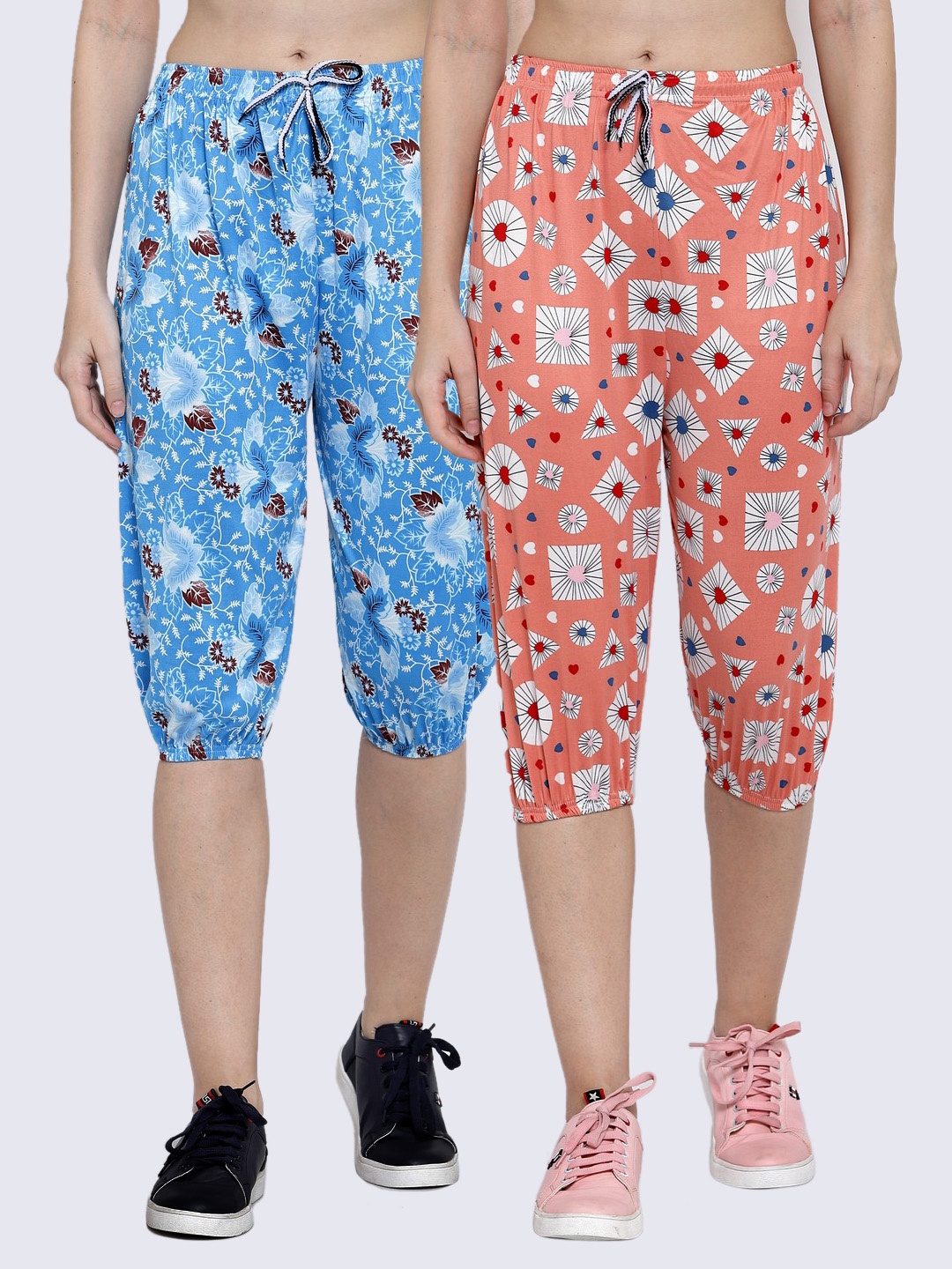 

KLOTTHE Women Pack of 2 Blue & Pink Printed Capris