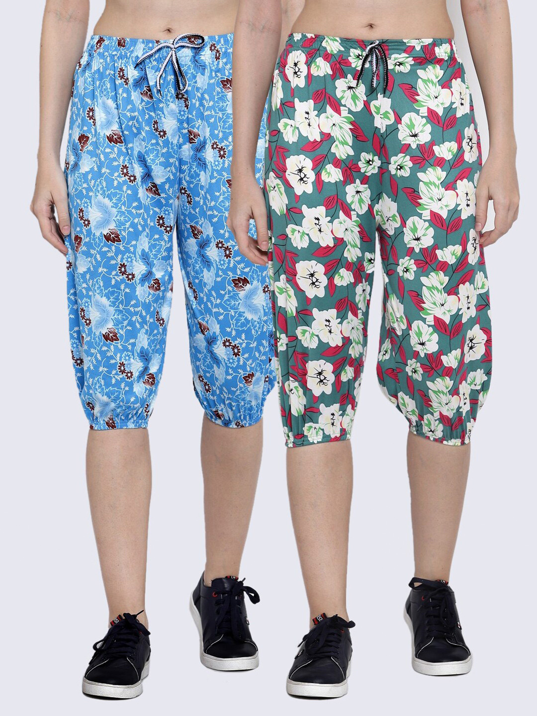 

KLOTTHE Women Pack of 2 Blue & Green Printed Capris