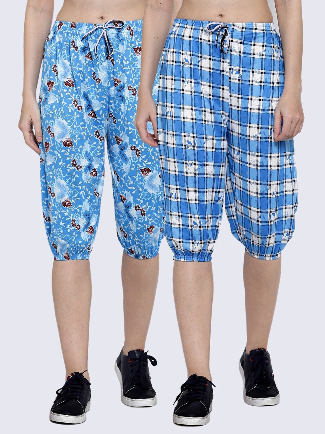 

KLOTTHE Women Pack of 2 Blue & White Printed Mid Rise Capris