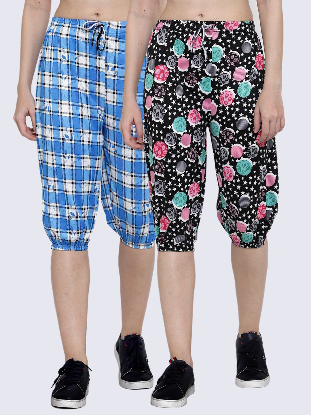 

KLOTTHE Women Pack of 2 Black & Blue Printed Capris