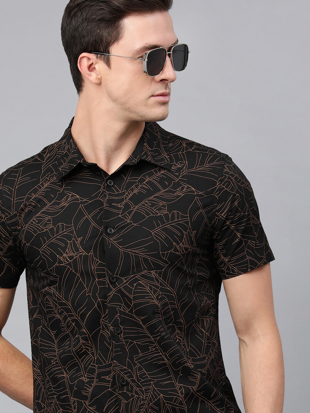

abof Men Black & Brown Printed Slim Fit Pure Cotton Casual Shirt