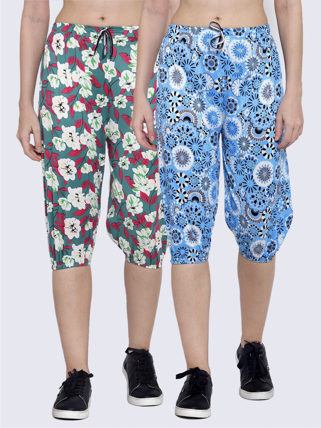 

KLOTTHE Women Pack of 2 Green & Blue Printed Capris