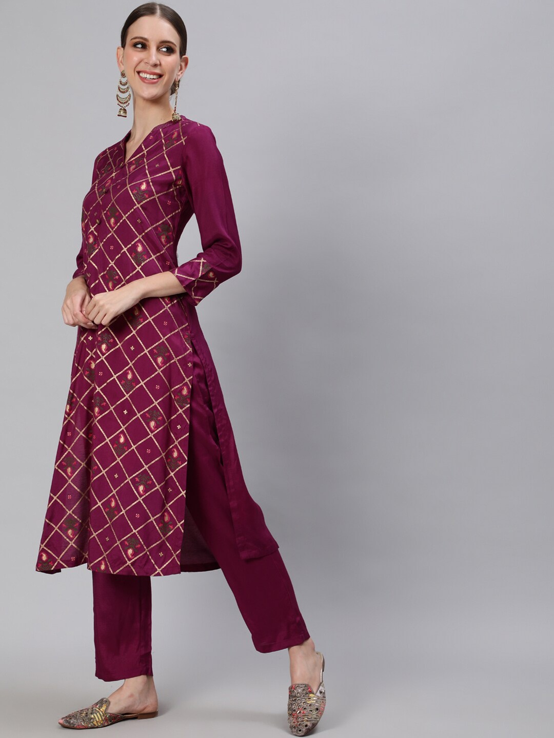 

Ishin Women Burgundy Ethnic Motifs Printed Kurta with Trousers and Dupatta