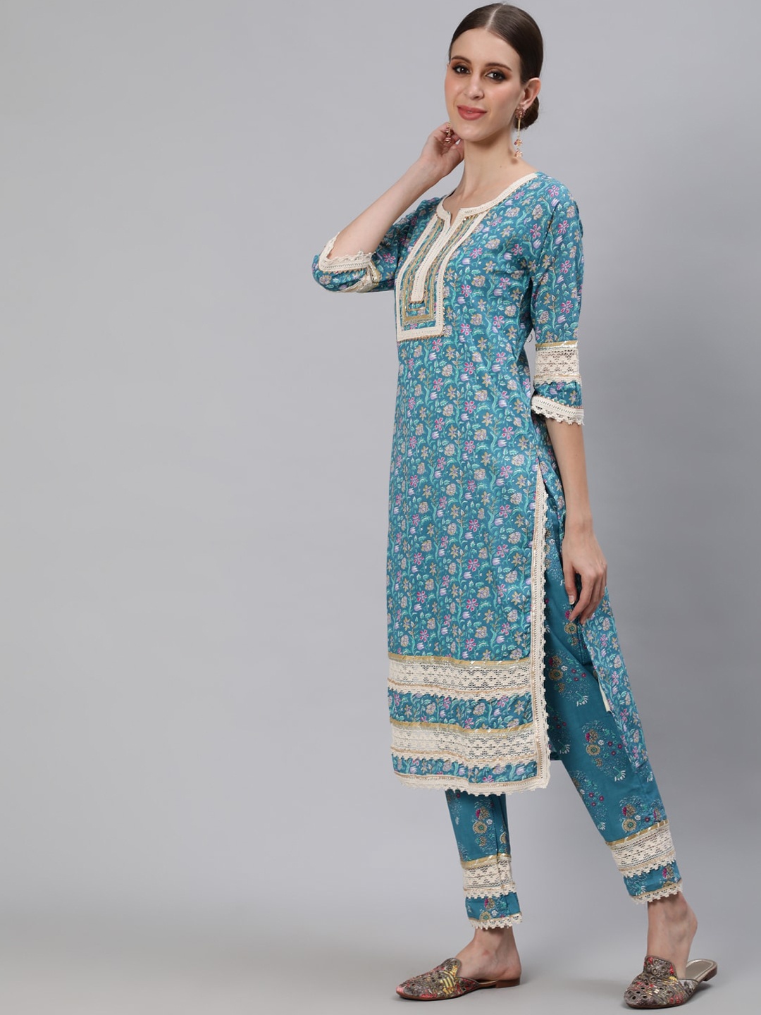 

Ishin Women Teal Ethnic Motifs Printed Pure Cotton Kurta with Trousers & With Dupatta