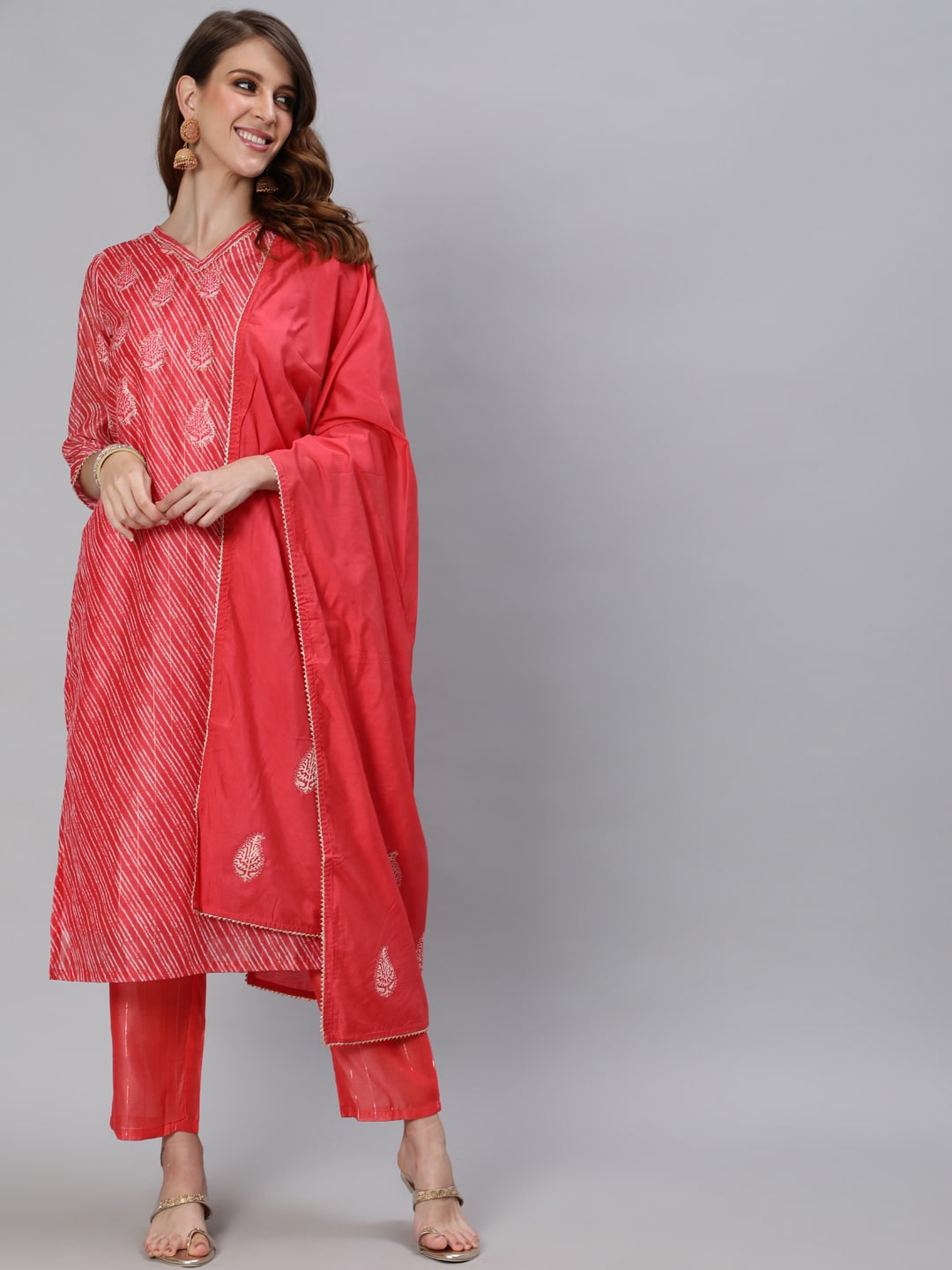 

Ishin Women Red Yoke Design Pleated Chanderi Silk Kurta with Trousers & With Dupatta