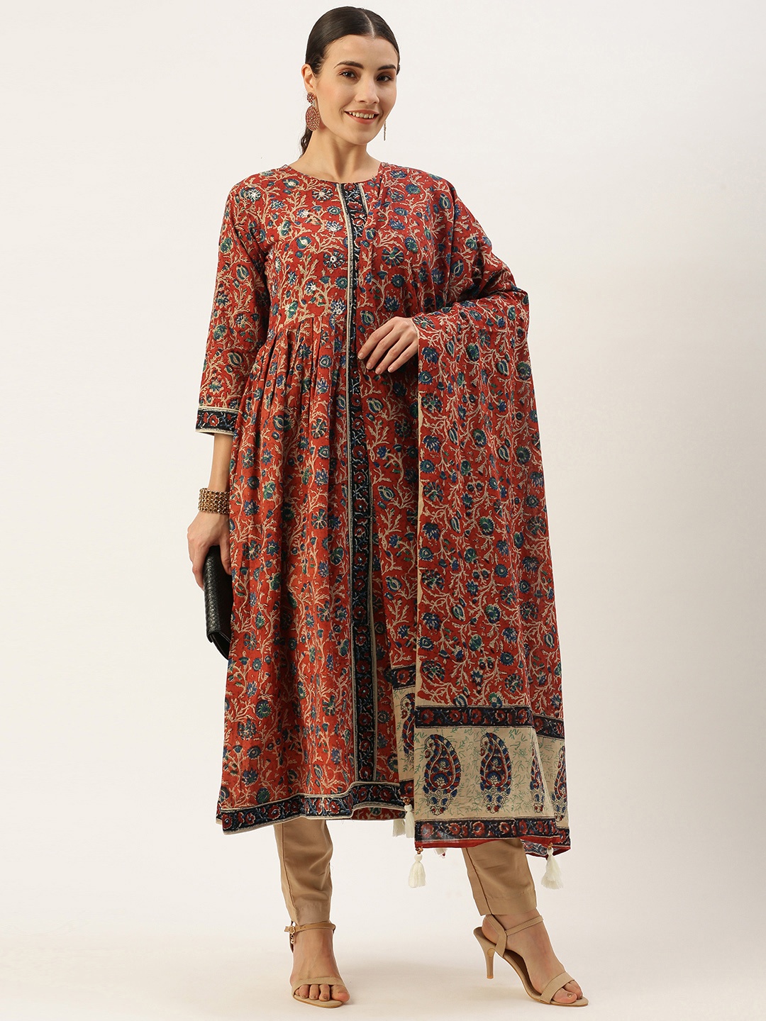 

Saanjh Women Red Floral Printed Regular Mirror Work Pure Cotton Kurta with Palazzos & With Dupatta