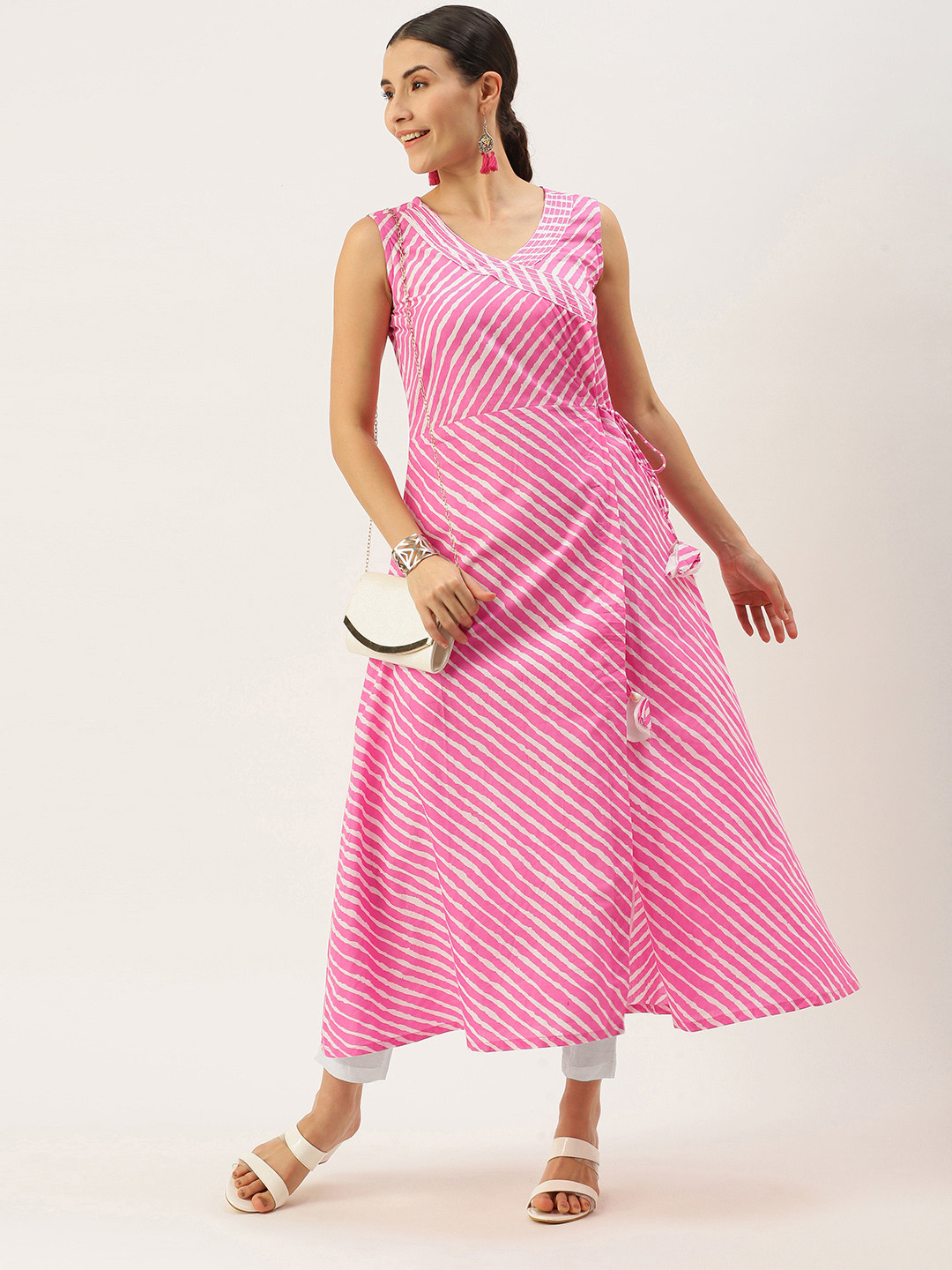 

Saanjh Women Pink Striped Regular Pure Cotton Kurta with Palazzos