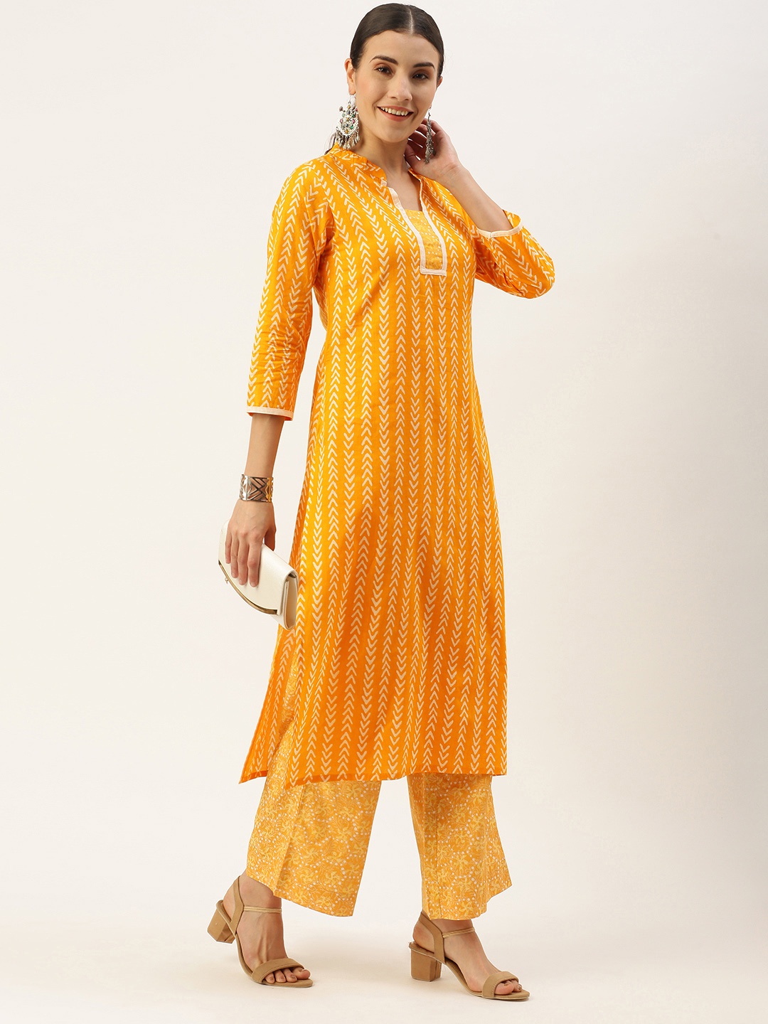 

Saanjh Women Mustard Yellow Striped Regular Pure Cotton Kurta with Palazzos