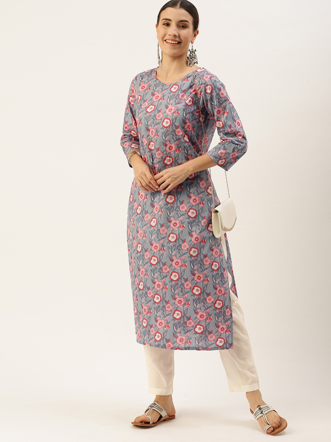 

Saanjh Women Grey Floral Printed Regular Pure Cotton Kurta with Palazzos