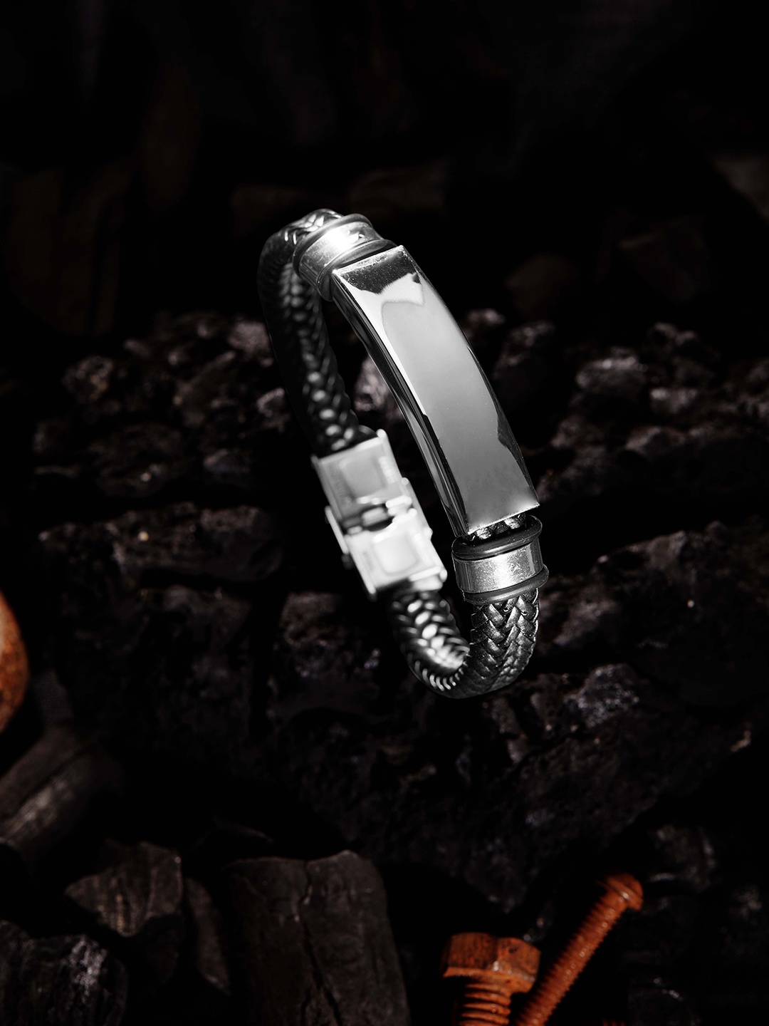 

Roadster Men Black & Silver-Toned Handcrafted Wraparound Bracelet