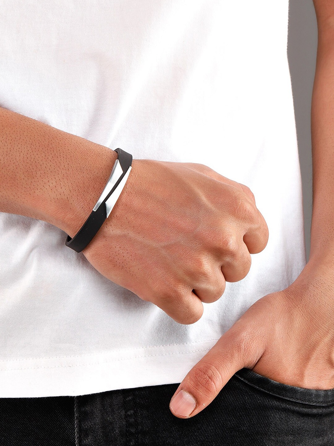 

Roadster Men Black Handcrafted Silver-Plated Bangle-Style Bracelet