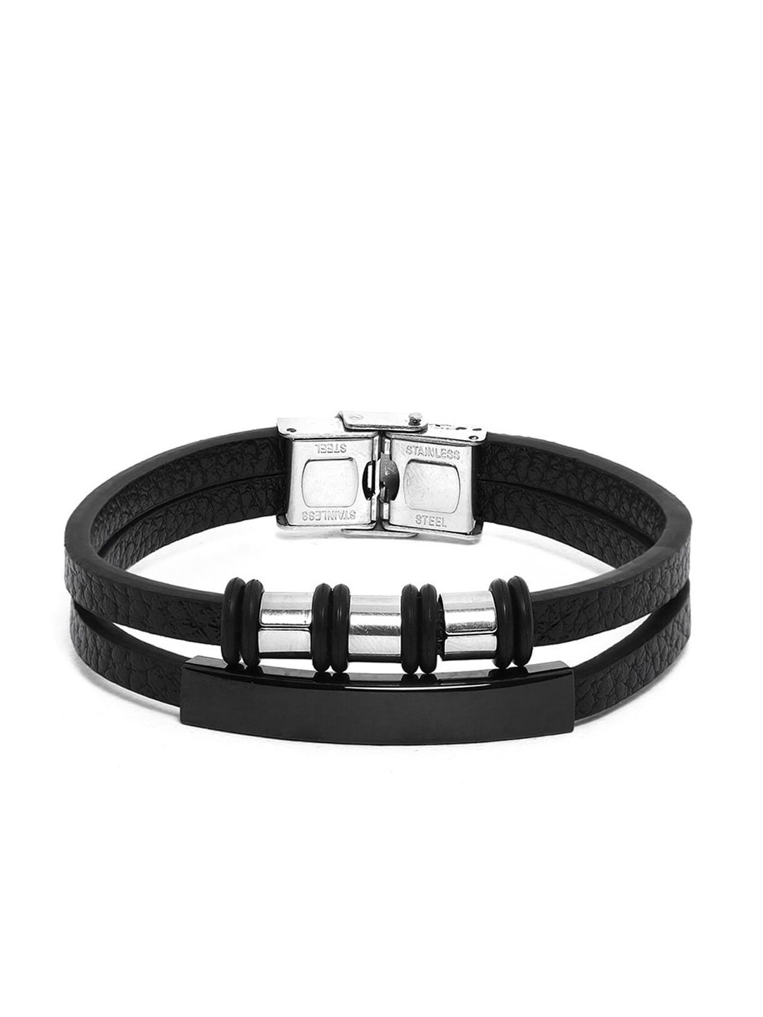 

Roadster Men Silver-Toned & Black Handcrafted Silver-Plated Wraparound Bracelet