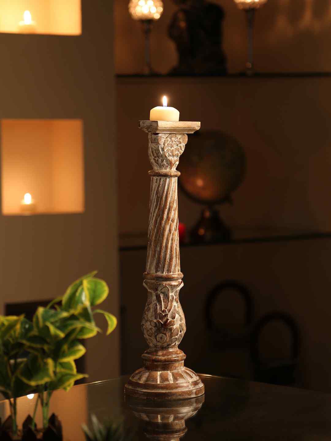 

Amoliconcepts White & Beige-Colored Mango Wood Candle Holder