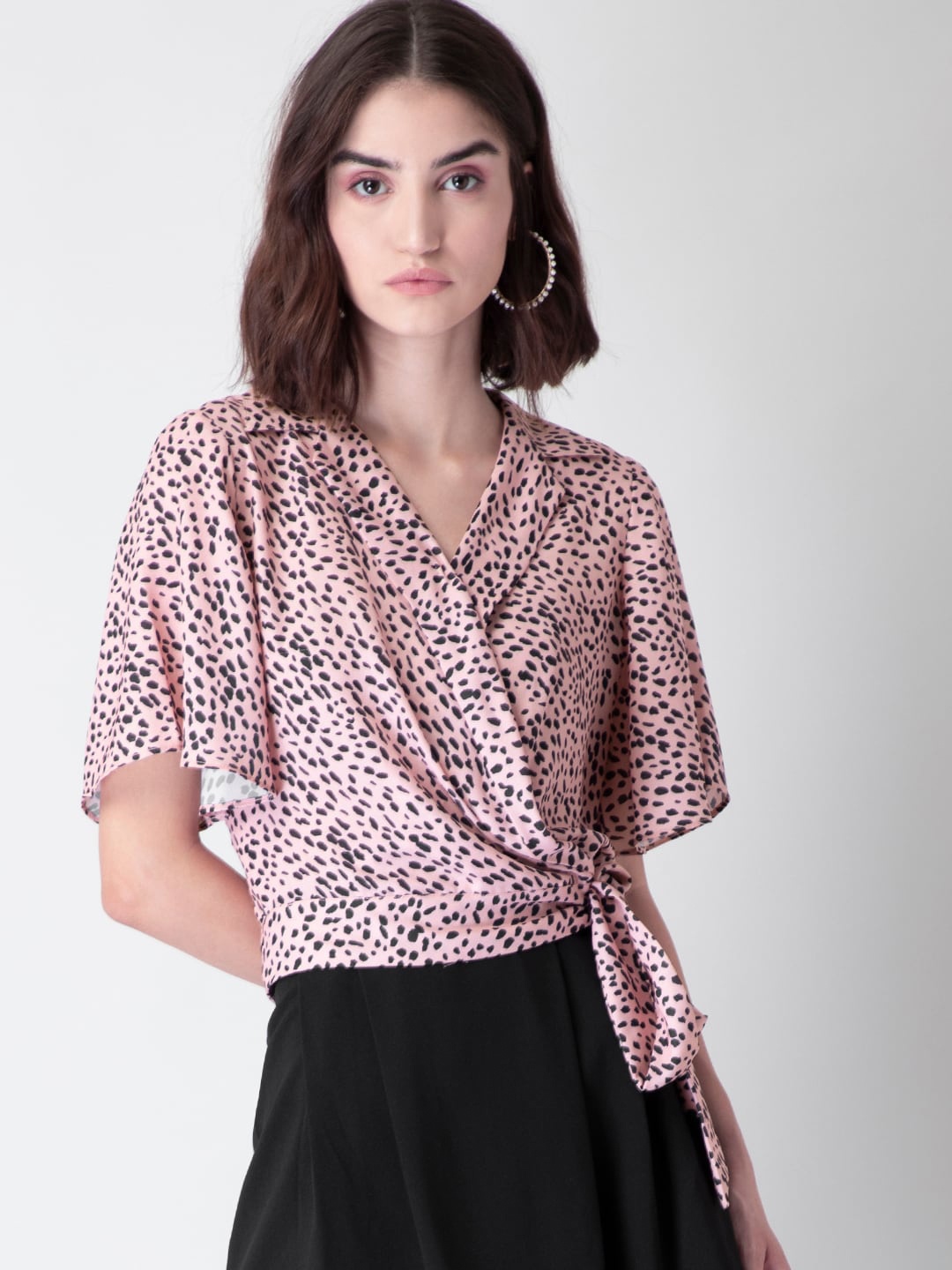 

FabAlley Women Pink & Black Animal Printed Georgette Wrap Top