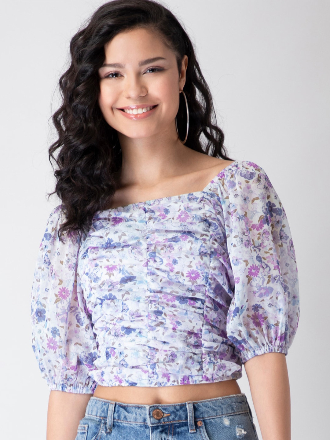 

FabAlley White and Violet Floral Georgette Regular Crop Top