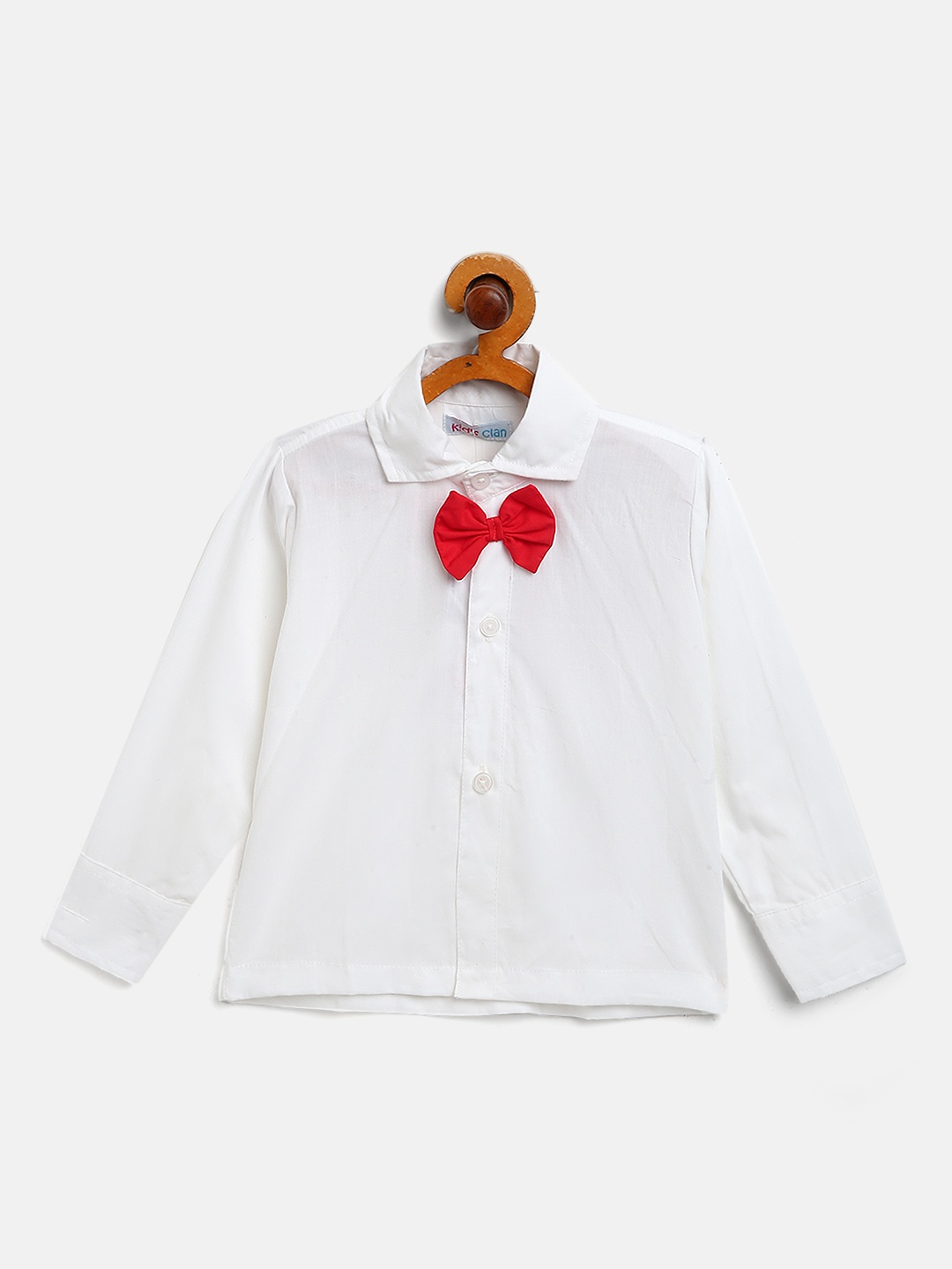 

Kids Clan Boys White Cotton Solid Casual Shirt with Attached Bow Tie