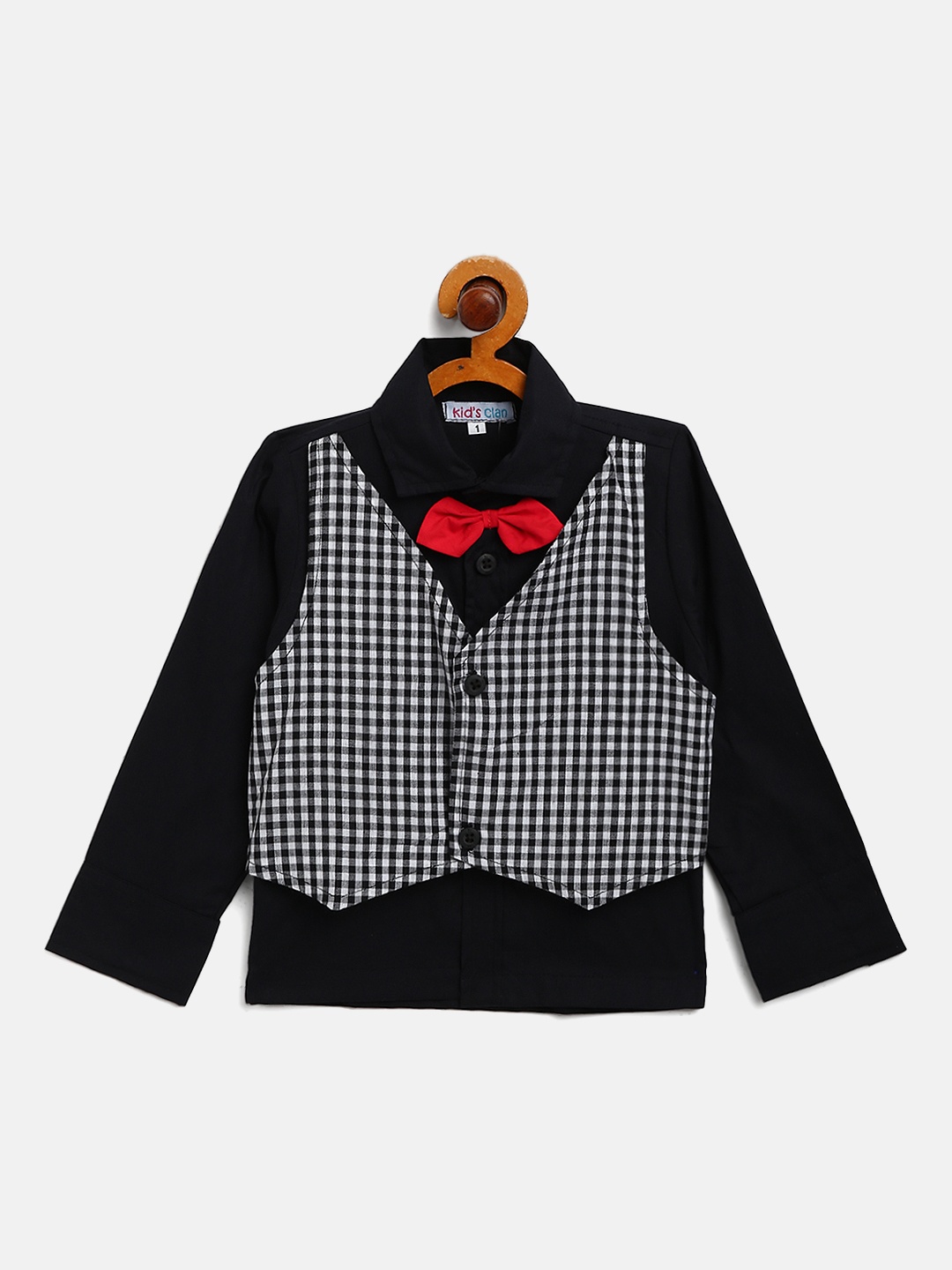 

Kids Clan Boys Black Gingham Checks Opaque Checked Party Shirt with Red Bow