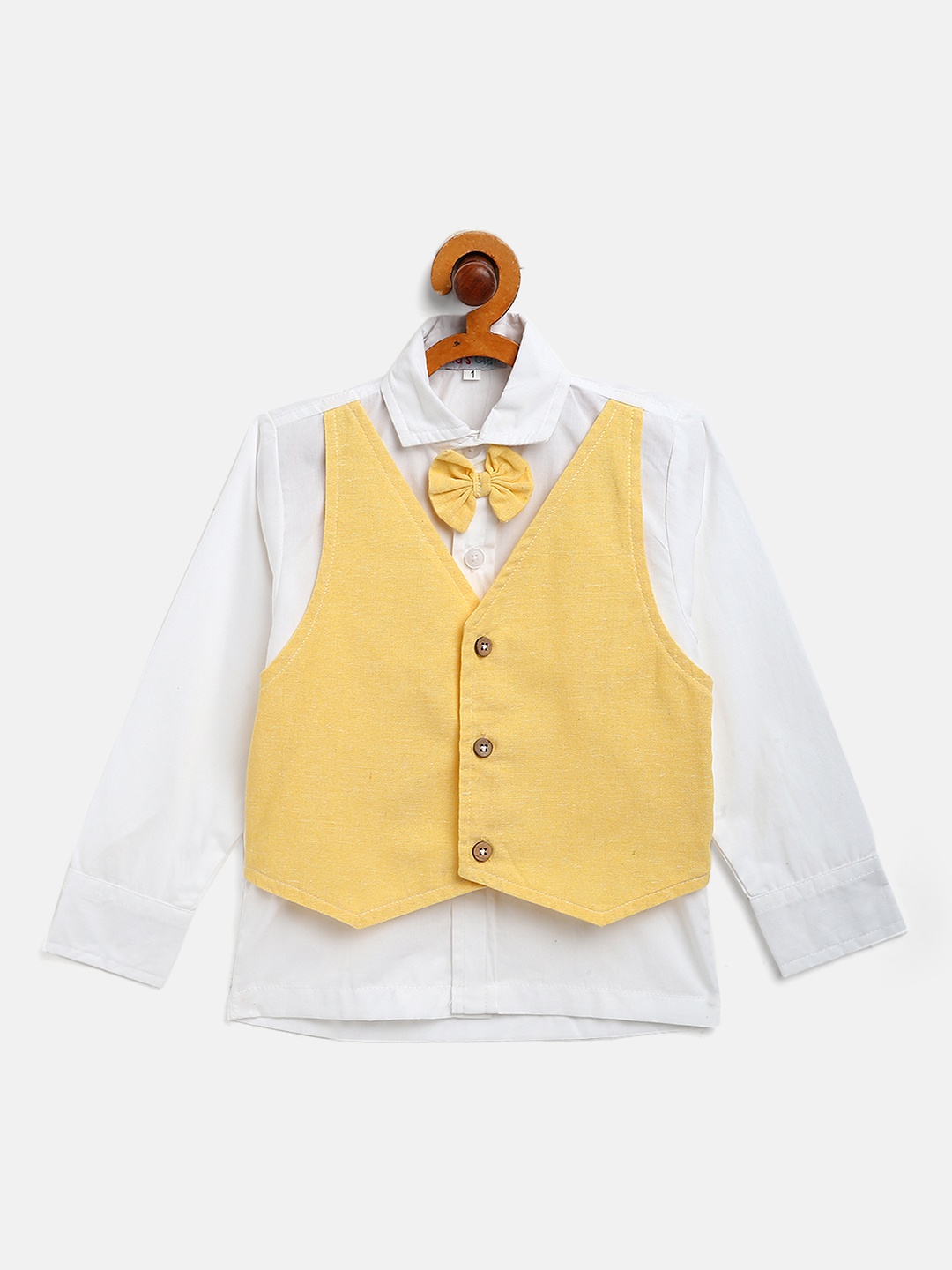 

Kids Clan Boys White Cotton Solid Party Shirt with Attached Waistcoat & Bow Tie