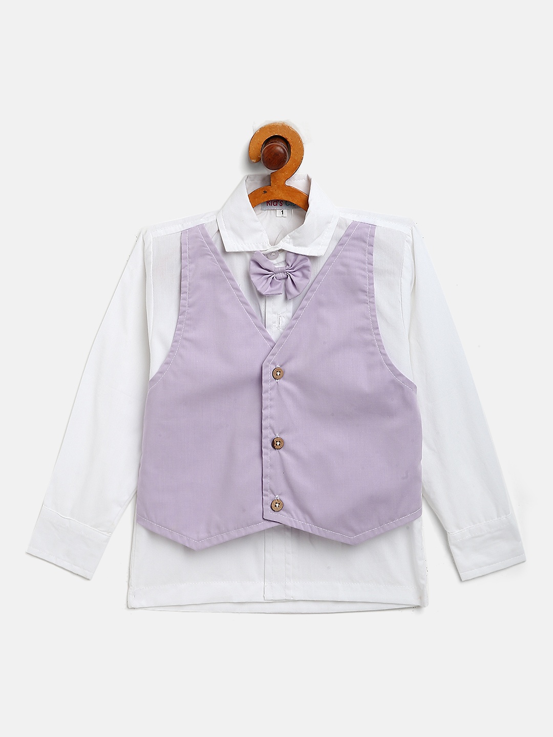 

Kids Clan Boys White & Lavender Solid With Attached Vest Coat & Bow Shirt