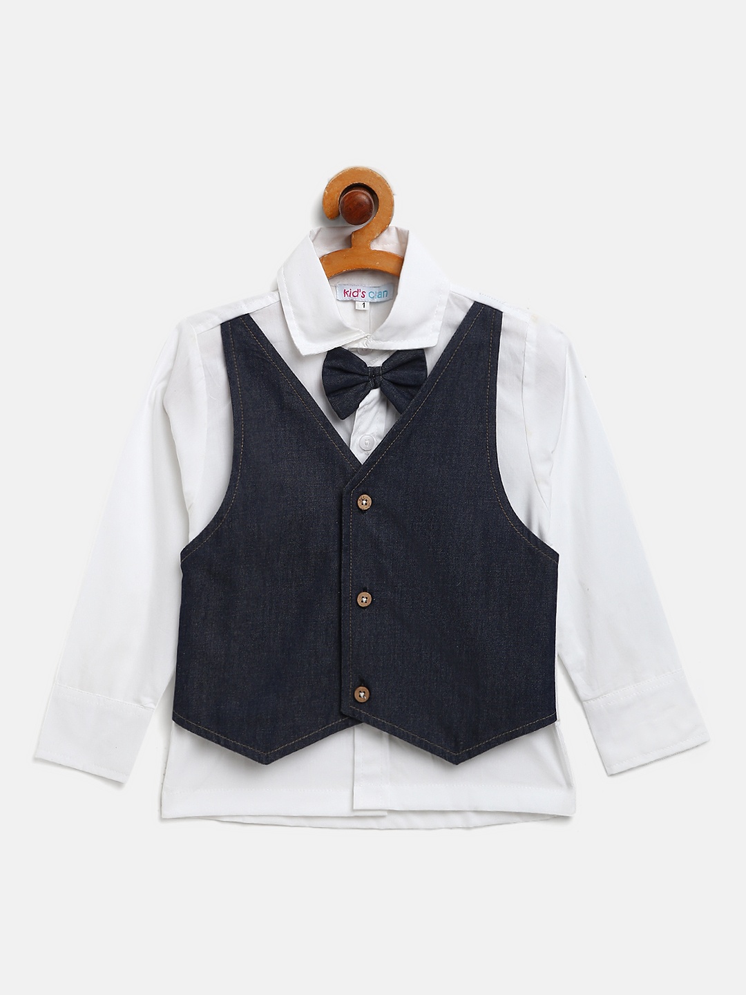 

Kids Clan Boys White Cotton Solid Party Shirt with Attached Waistcoat & Bow Tie