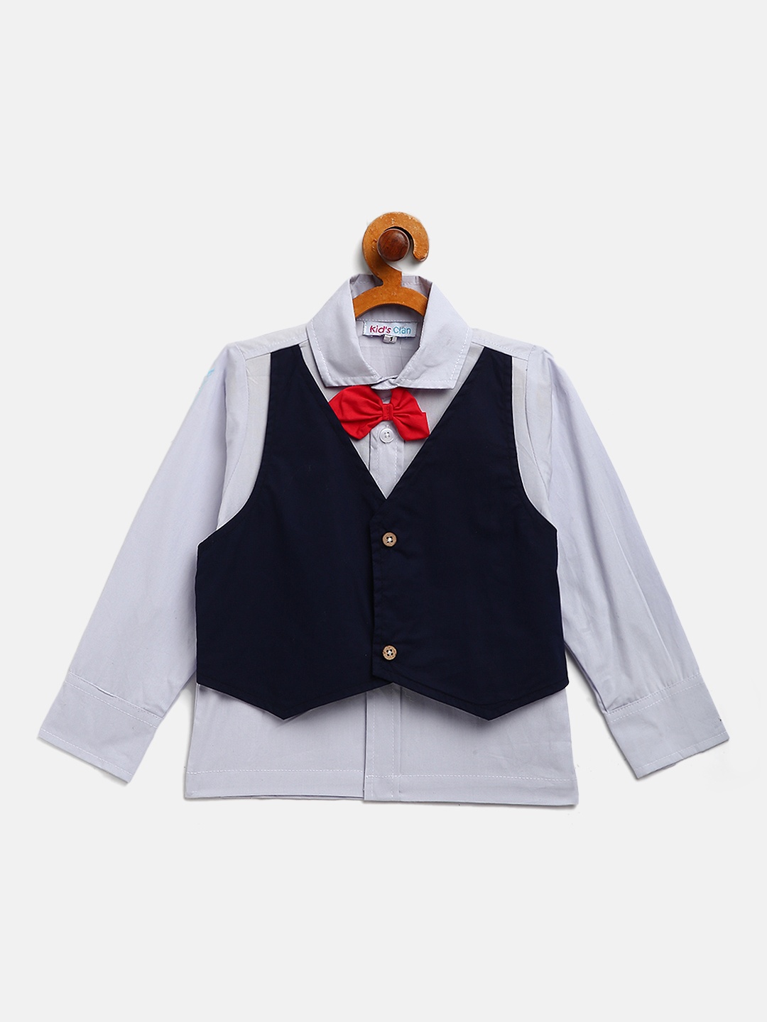 

Kids Clan Boys Blue Cotton Solid Party Shirt with Attached Waistcoat & Bow Tie
