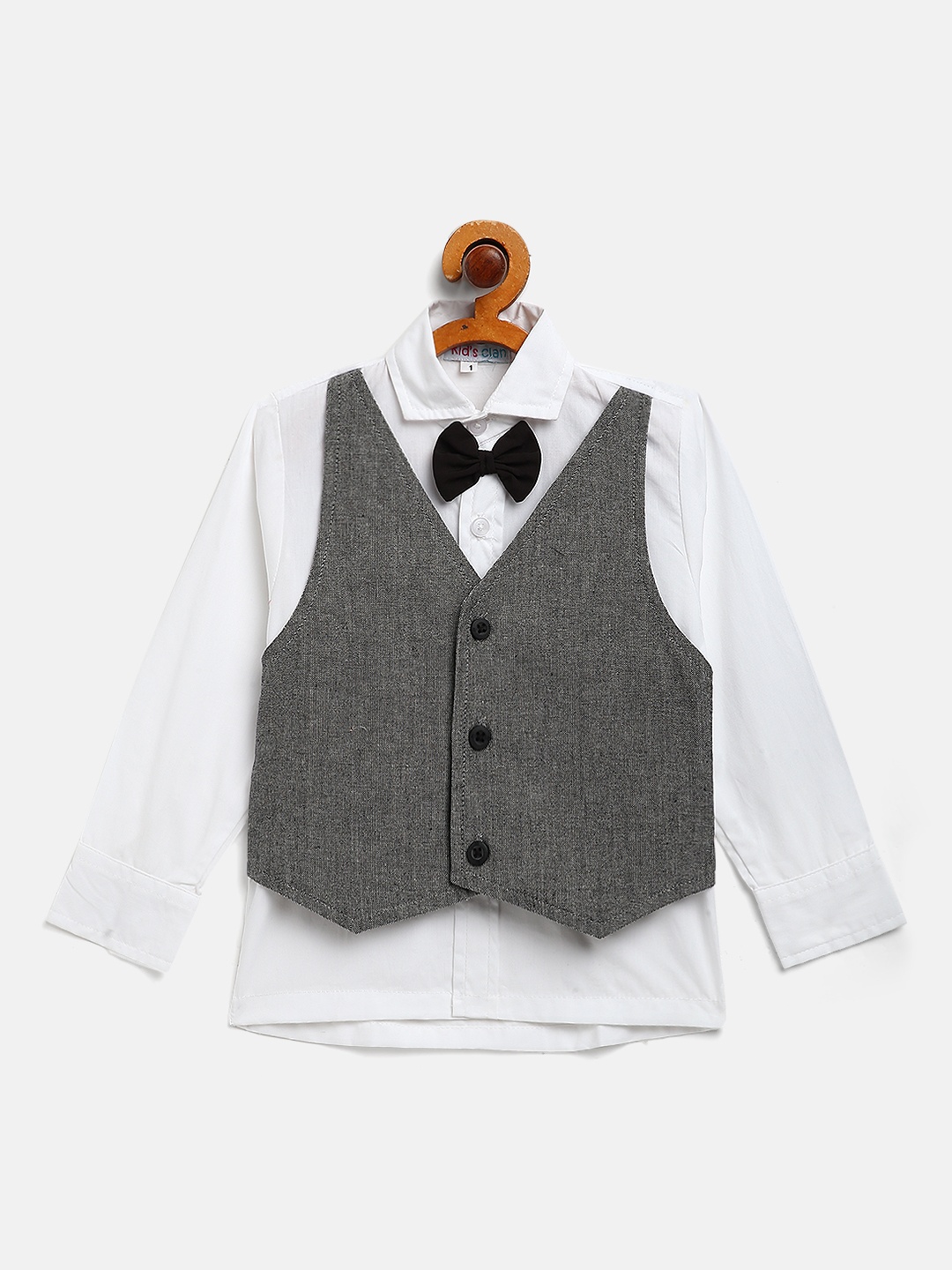 

Kids Clan Boys White Cotton Solid Party Shirt with Attached Waistcoat & Bow Tie