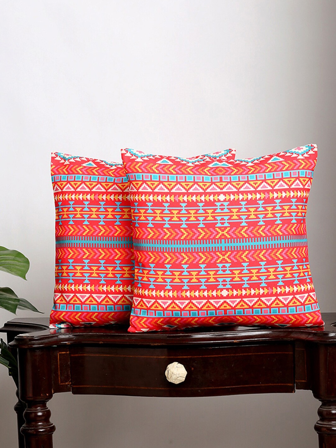 Alina decor Set Of 2 Red & Blue Geometric Square Cushion Covers