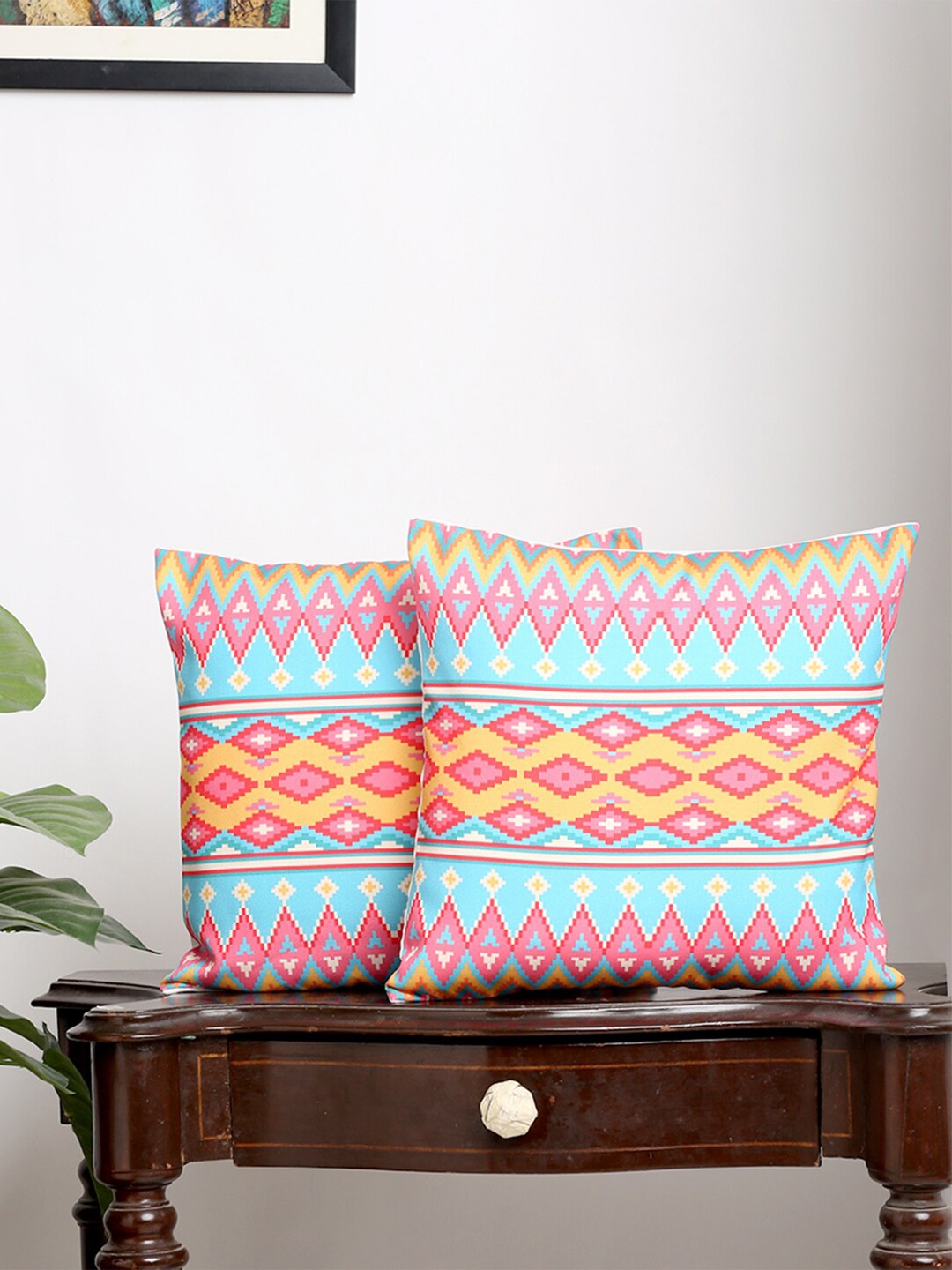 

Alina decor Set Of 2 Blue & Yellow Geometric Square Cushion Covers